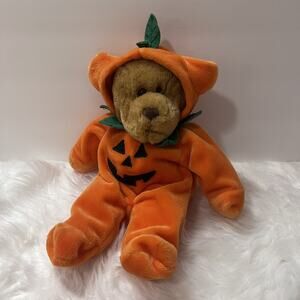 Vtg GAC Halloween Teddy Bear Pumpkin Jack O Lantern Plush Stuffed Animal 1998